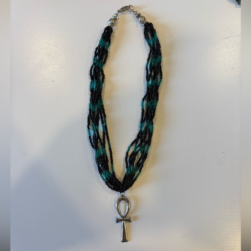 Beaded Silver Ankh Necklace